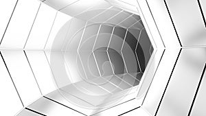 Dizzying movement through futuristic tunnel. Design. Dazzling white tunnel with smooth surface in style of futurism