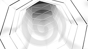 Dizzying movement through futuristic tunnel. Design. Dazzling white tunnel with smooth surface in style of futurism