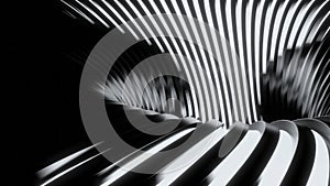 Dizzying moving spiral of stripes. Design. Spiral tunnel moves with stripes on black background. Abstract 3d tunnel with