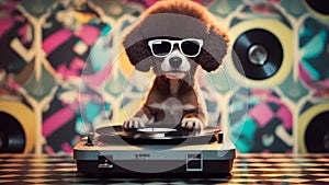 dj in action A grooving puppy wearing a tiny afro wig and sunglasses, standing on a retro vinyl record player,