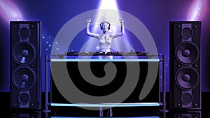DJ android, disc jockey robot with hands up playing music on turntables, cyborg on stage with deejay audio equipment, front view