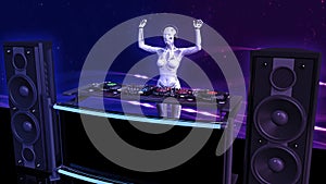 DJ android, disc jockey robot with hands up playing music on turntables, cyborg on stage with deejay audio equipment, side view