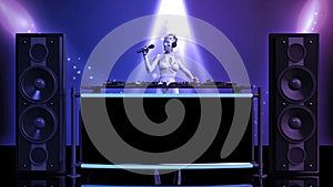 DJ android, disc jockey robot with microphone playing music on turntables, cyborg on stage with deejay audio equipment, front view