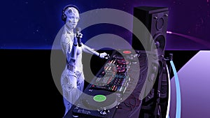 DJ android, disc jockey robot with microphone playing music on turntables, cyborg on stage with deejay audio equipment, side view