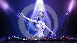 DJ android, disc jockey robot pointing and playing music on turntables, cyborg on stage with deejay audio equipment, 3D render