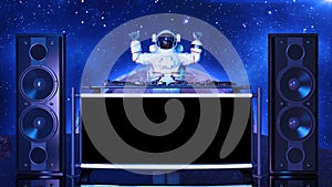 DJ astronaut, disc jockey spaceman with hands up playing music on turntables, cosmonaut on stage with deejay audio equipment
