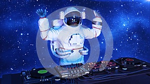 DJ astronaut, disc jockey spaceman with hands up playing music on turntables, cosmonaut on stage with deejay audio equipment, 3D