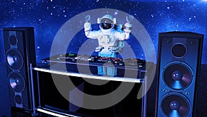 DJ astronaut, disc jockey spaceman with hands up playing music on turntables, cosmonaut on stage with deejay audio equipment, side