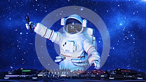 DJ astronaut, disc jockey spaceman holding microphone and playing music on turntables, cosmonaut on stage with deejay audio