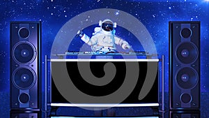 DJ astronaut, disc jockey spaceman with microphone playing music on turntables, cosmonaut on stage with deejay audio equipment