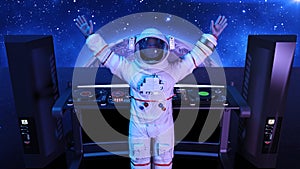 DJ astronaut, disc jockey spaceman playing music on turntables, cosmonaut on stage with deejay audio equipment, rear view, 3D