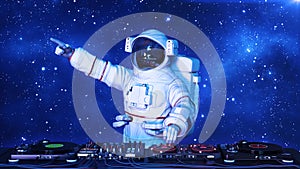 DJ astronaut, disc jockey spaceman pointing and playing music on turntables, cosmonaut on stage with deejay audio equipment, 3D