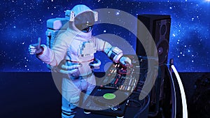 DJ astronaut, disc jockey spaceman with thumbs up playing music on turntables, cosmonaut on stage with deejay audio equipment