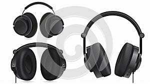 DJ audio headset isolated on white background. Modern realistic set of 3d black stereo earphones with sound speakers