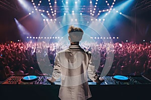 Dj In Beautiful Clothes Stands On Stage And Looks Out At The Audience, Rear View. Generative AI