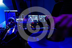 DJ Booth and Equipment, Nightclub Music, Rave, Blue, Yellow, Greem and Red Lights,