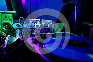 DJ Booth and Equipment, Rave Nightclub Music, Colorful Lights,