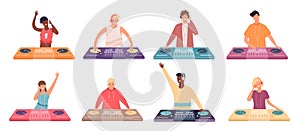 Dj characters at console. Female and male party musicians with turntable mixer. Dj make dance music for discotheque or
