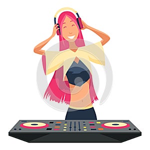 Dj characters. Female party musician in headphones for event music record console vector people. Dj music party