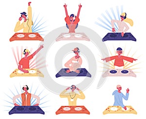 Dj characters. Music party night club entertainers, spinning male and female DJ people vector illustration set. Disc
