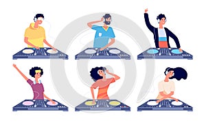 Dj characters. People with headphones and turntable mixer make contemporary music in club. Dj guy spinning disc isolated