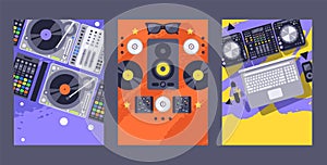 DJ club party banner, nightclub music equipment and accessories in flat style, vector illustration