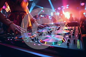 dj control on a mixer table in a disco club, colorful bokeh background