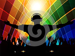 DJ and crowd silhouette on multicoloured background