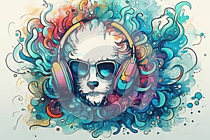 DJ dog with headphones listening to music in psychedelic watercolors. Generative ai illustration