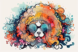 DJ dog with headphones listening to music in psychedelic watercolors. Generative ai illustration