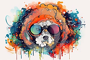 DJ dog with headphones listening to music in psychedelic watercolors. Generative ai illustration