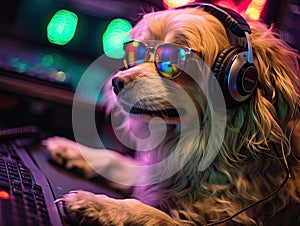 DJ dog in headphones and sunglasses mixing sounds at the party. Generative AI