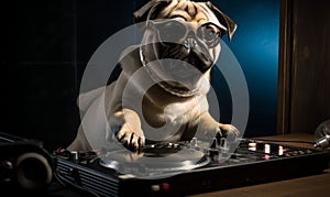 Dj dog playing music. Bulldog in a club scratching turntable. Generative AI