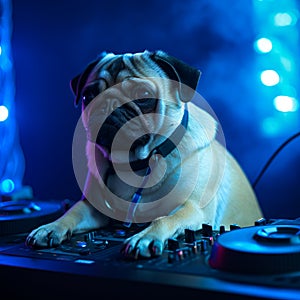 Dj dog playing music. Bulldog in a club scratching turntable. Generative AI