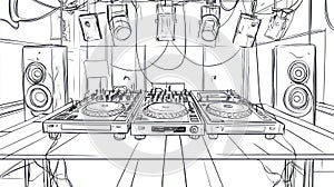 DJ Turntables and Speakers Setup, Stage Lighting Sketch
