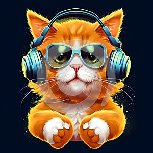 DJ Ginger Cat Wearing Sunglasses and Headphones, Playing Music. Generative AI