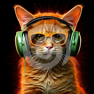 DJ Ginger Cat Wearing Sunglasses and Headphones, Playing Music. Generative AI