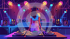 DJ girl in nightclub with mixer console. Modern cartoon illustration of disco club interior with dance floor, turntable