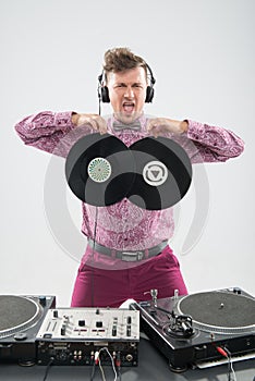 DJ having fun with vinyl record