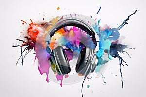 Dj headphones with colorful smoke and paint coming of it in a vivid paint explosion on a white background. Generative AI.