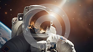 dj with headphones outer space view of an astronaut and the Earth. The image shows a close up and focused view