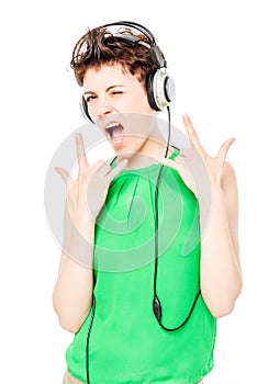 dj in headphones showing gesture quietly on a white