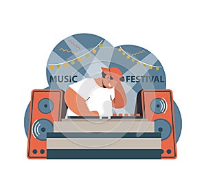 DJ immersed in the rhythm, spinning tunes at a Music Festival. Flat vector illustration.