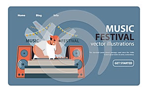 DJ immersed in the rhythm, spinning tunes at a Music Festival. Flat vector illustration.