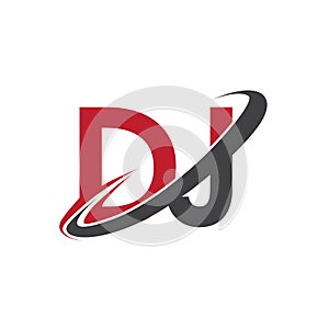 DJ initial logo company name colored red and black swoosh design, isolated on white background. vector logo for business and