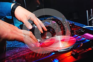 DJ mix music hands on professional music equipment for CDs with buttons and controllers