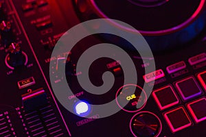 DJ mix studio audio tracks mixing buttons pads decks mixing console frequencies