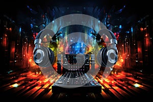 DJ mixer with headphones on dark background with fire and smoke. Music concept, AI Generated