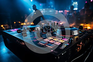 The DJ mixer table stands as the luminous heart of the nightclub.