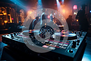 The DJ mixer table stands as the luminous heart of the nightclub.